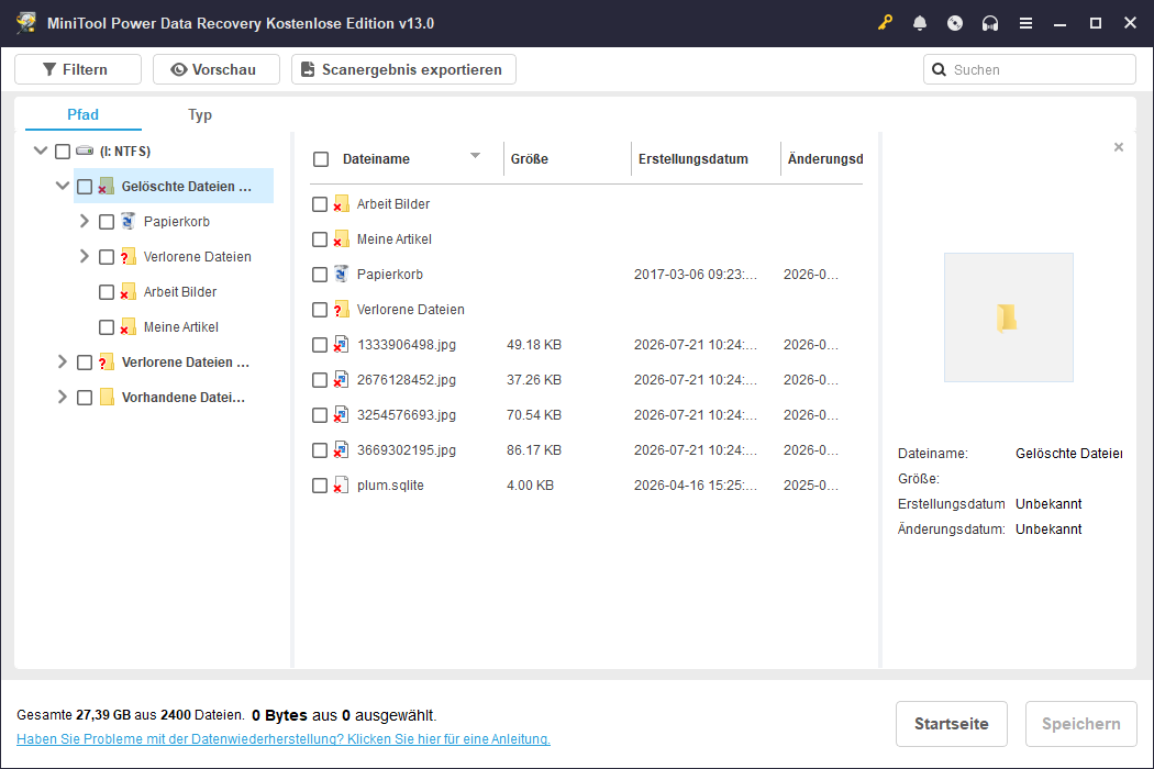 Die Schnittstelle vom Scanergebnis in MiniTool Power Data Recovery.