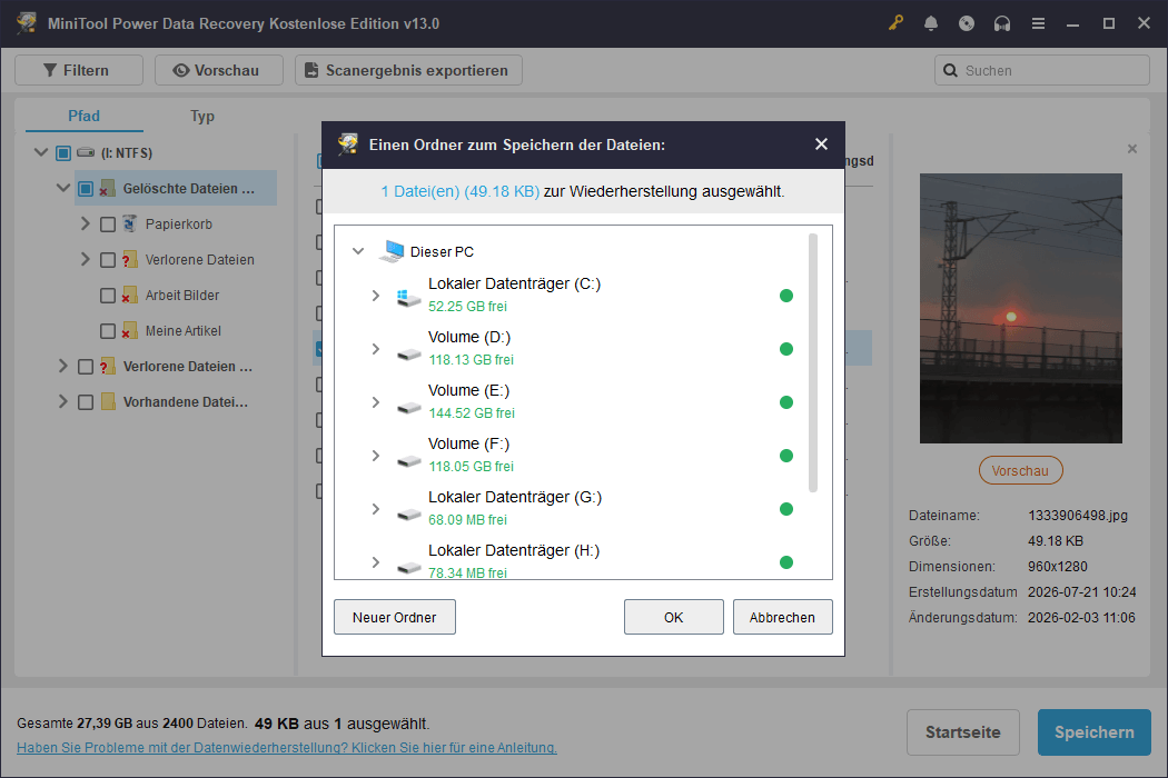 In MiniTool Power Data Recovery klicken Sie bitte auf die Schaltfläche Speichern, um die Dateien auf einem gesonderten Laufwerk zu speichern.