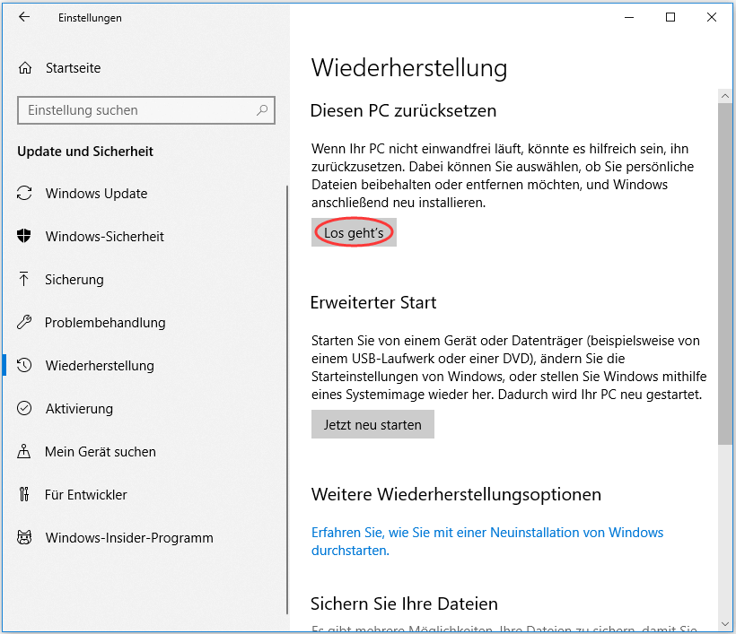 Drücken Sie Los geht’s unter der Option Diesen PC zurücksetzen.