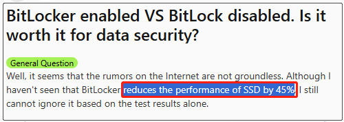 Ein Nutzerbericht von Reddit, ob die BitLocker-Verschlüsselung die SSD-Leistung verlangsamt.