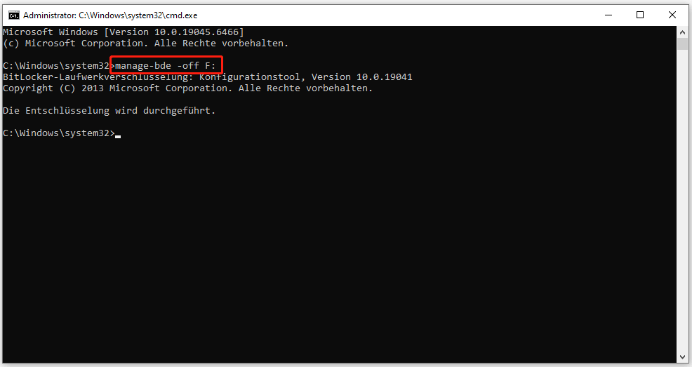 Befehl zum Deaktivieren des BitLocker-Laufwerks F durchführen.