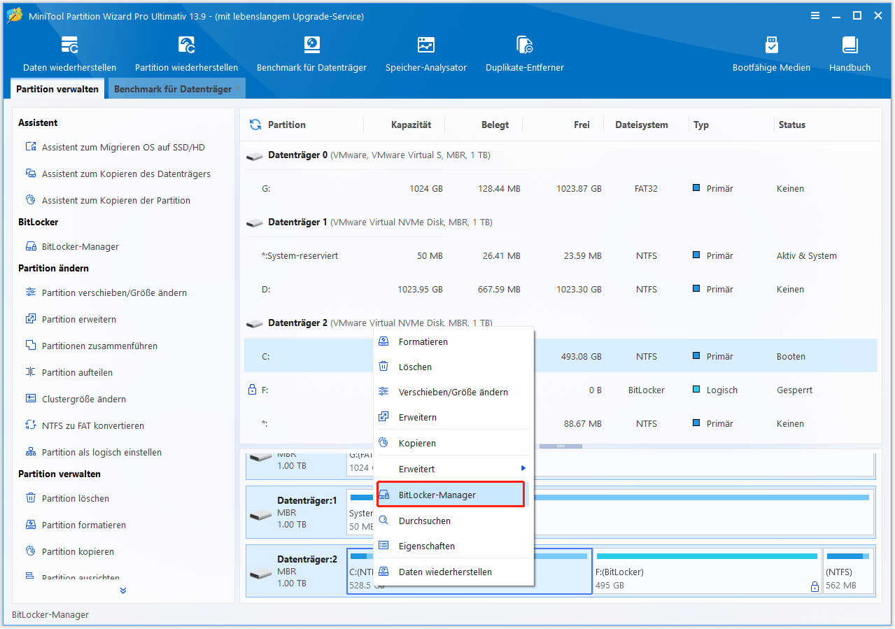 Benutzeroberfläche des MiniTool Partition Wizard mit der ausgewählten Option „BitLocker-Manager“.
