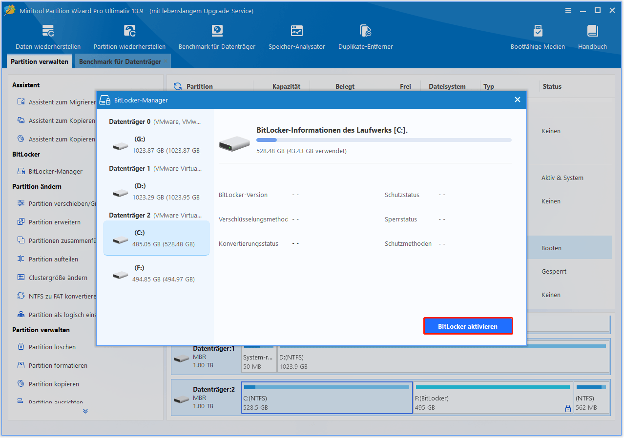Benutzeroberfläche des MiniTool Partition Wizard mit dem Fenster „BitLocker-Manager“ und der ausgewählten Schaltfläche „BitLocker aktivieren“.