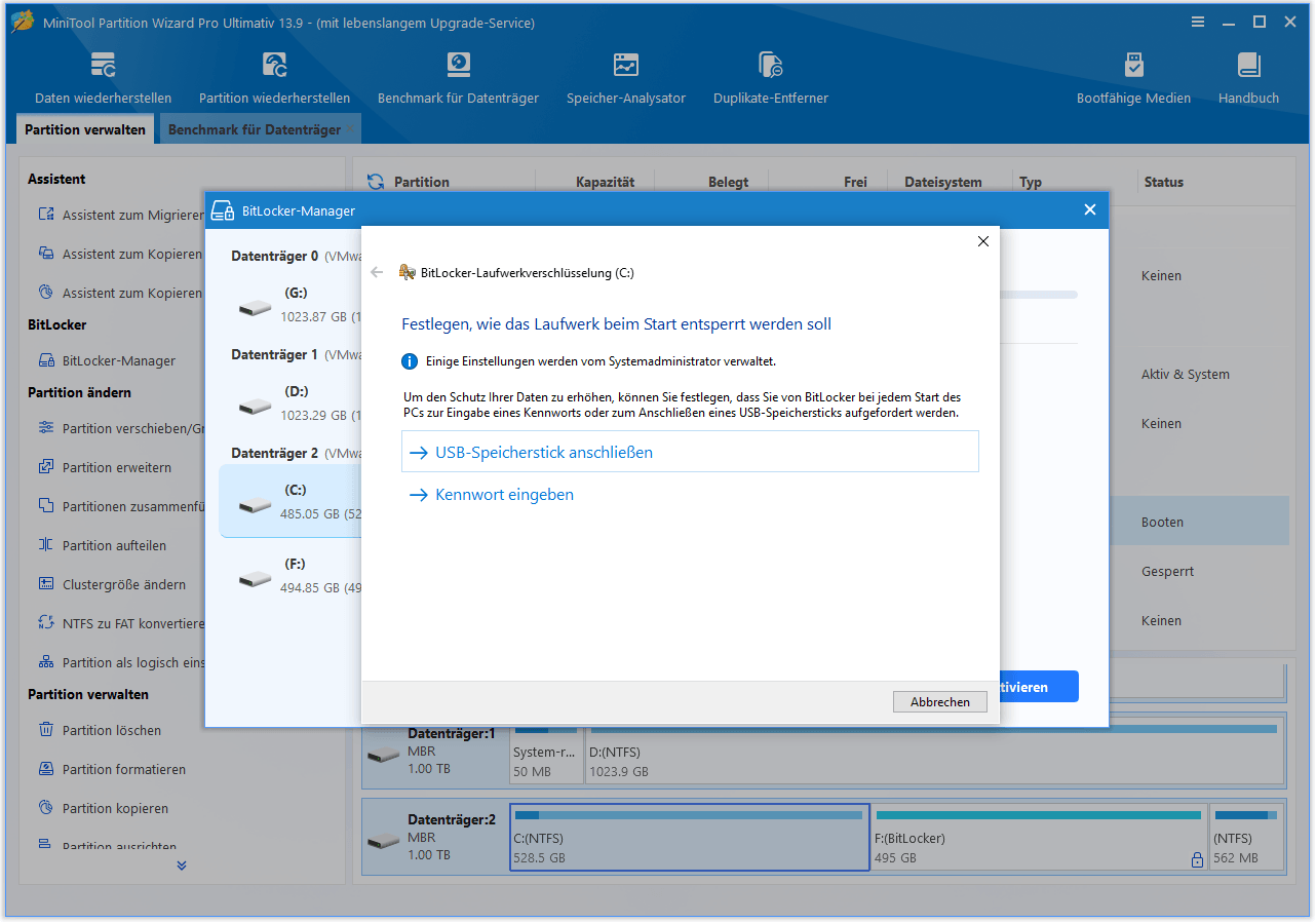 Das Fenster „BitLocker-Laufwerksverschlüsselung“, in dem Sie aufgefordert werden, auszuwählen, wie Sie Ihr Laufwerk beim Systemstart entsperren möchten.