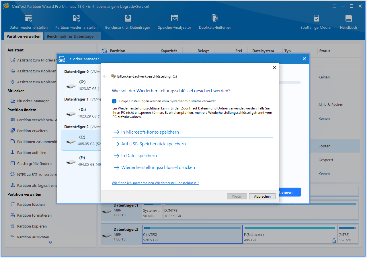Das Fenster „BitLocker-Laufwerksverschlüsselung“, in dem Sie aufgefordert werden, auszuwählen, wie Sie Ihren Wiederherstellungsschlüssel sichern möchten.