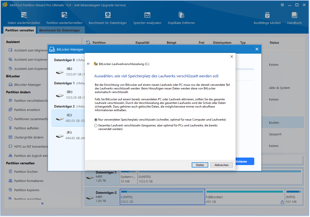 Das Fenster „BitLocker-Laufwerksverschlüsselung“, in dem Sie aufgefordert werden, auszuwählen, wie viel Speicherplatz Ihres Laufwerks verschlüsselt werden soll.