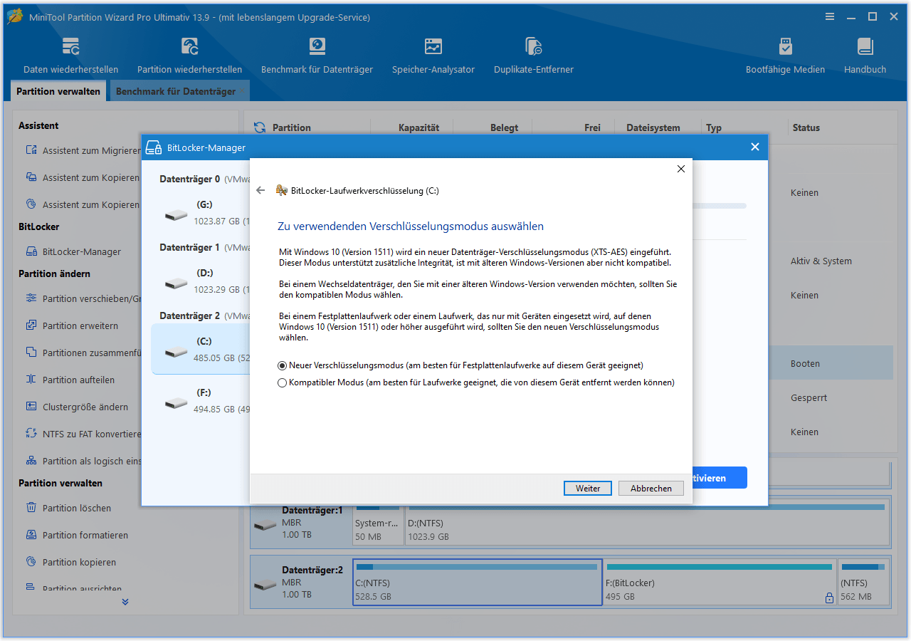 Das Fenster „BitLocker-Laufwerksverschlüsselung“, in dem Sie aufgefordert werden, einen Verschlüsselungsmodus auszuwählen.