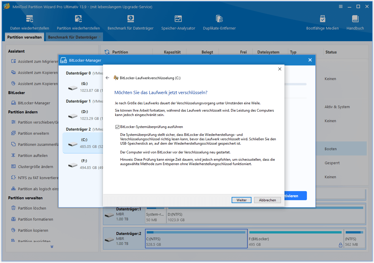 Das Fenster „BitLocker-Laufwerksverschlüsselung“ mit der Frage, ob Sie bereit sind, das Laufwerk zu verschlüsseln.