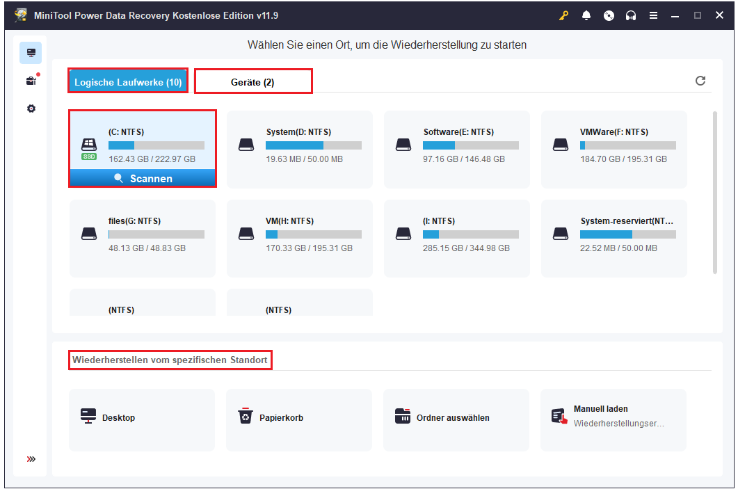 Hauptschnittstelle von MiniTool Power Data Recovery