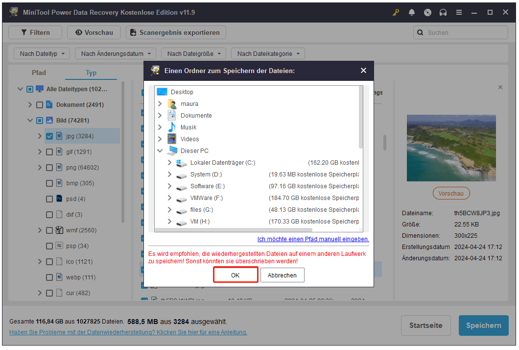 Ein Speicherort in MiniTool Power Data Recovery auswählen