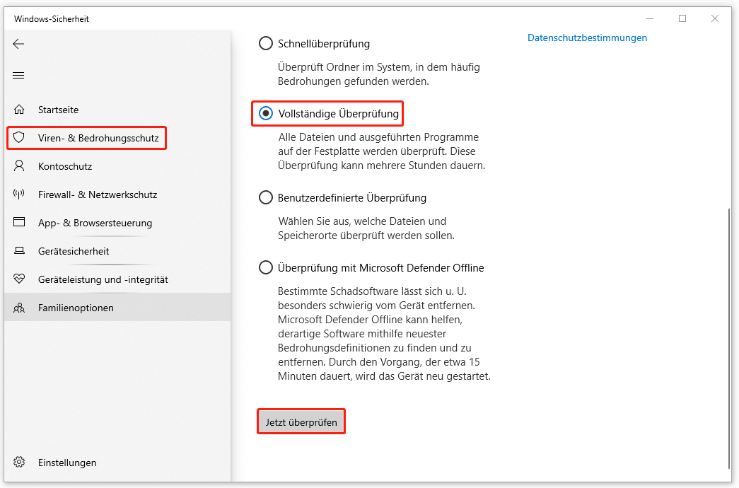 Die Option Vollständige Überprüfung auswählen