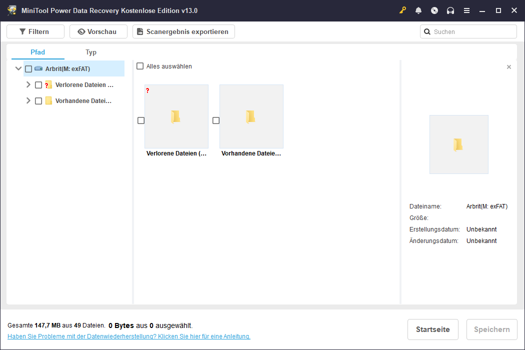 Scanergebnisse in MiniTool Power Data Recovery.