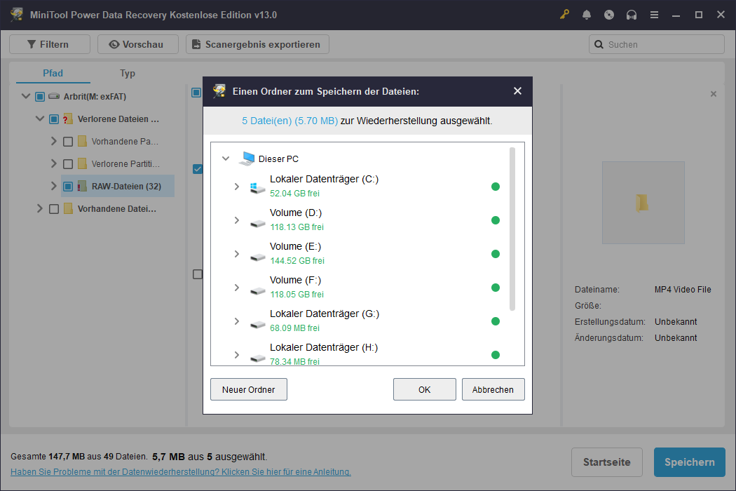 In MiniTool Power Data Recovery wählen Sie einen Speicherort für die ausgewählten Dateien