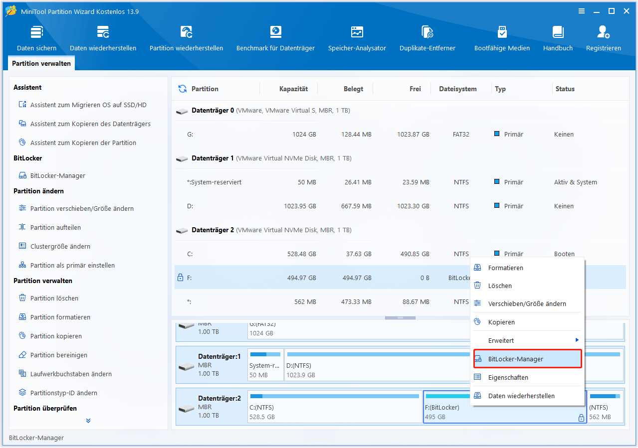 Die Hauptoberfläche von MiniTool Partition Wizard mit der ausgewählten Funktion BitLocker-Manager.