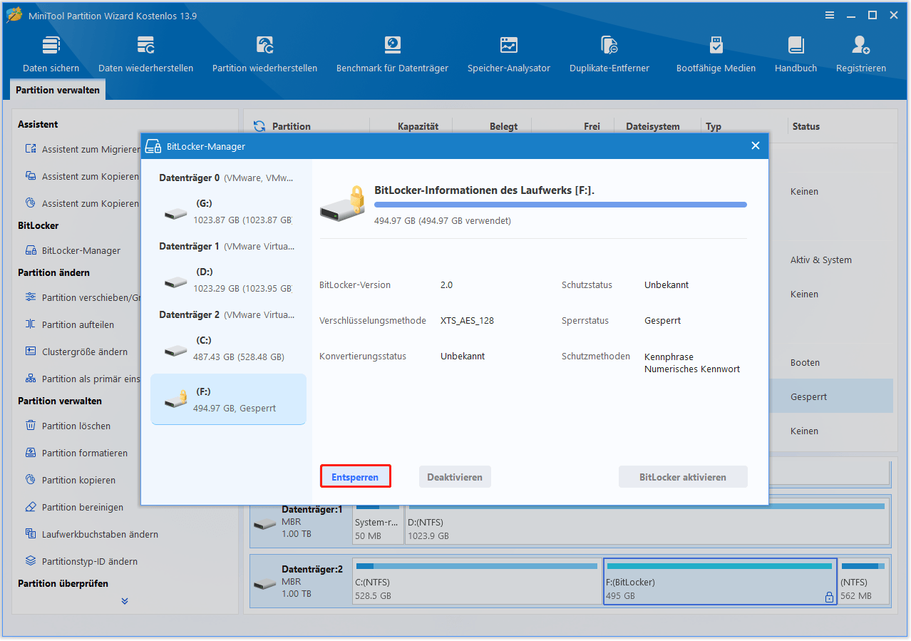 Benutzeroberfläche von MiniTool Partition Wizard mit geöffnetem BitLocker Manager-Fenster und ausgewählter Schaltfläche Entsperren.