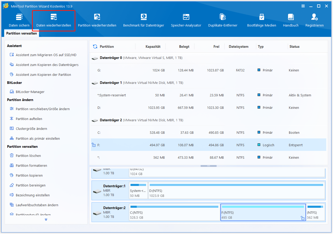 Die Benutzeroberfläche von MiniTool Partition Wizard mit der ausgewählten Option Datenwiederherstellung.