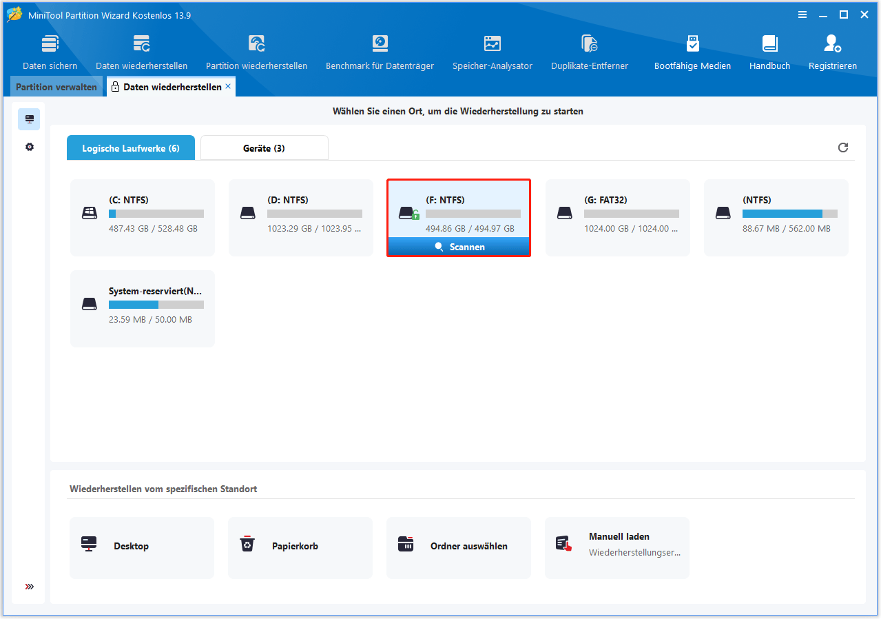Die Benutzeroberfläche von MiniTool Partition Wizard mit geöffnetem Fenster Datenwiederherstellung und dem Klick auf Scannen.