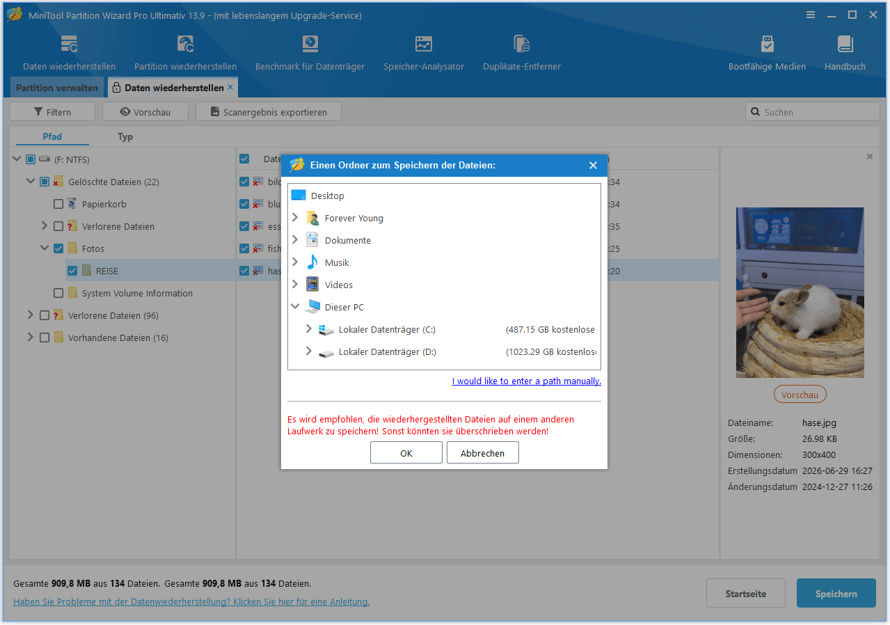 Die Benutzeroberfläche von MiniTool Partition Wizard mit dem geöffneten Fenster