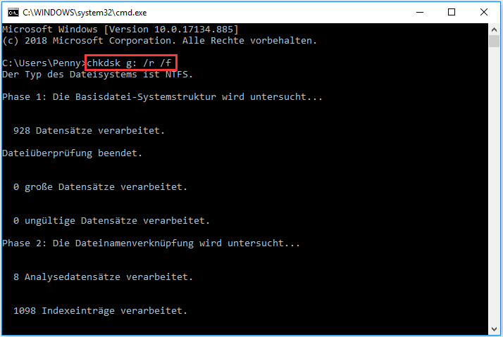 Befehle chkdsk g: /r /f in Eingabeaufforderung eingeben.