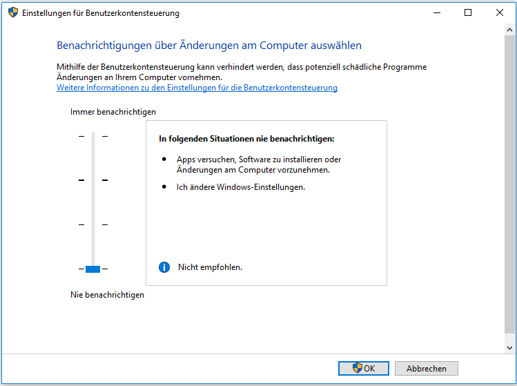 Die Option Einstellungen der Benutzerkontensteuerung ändern.