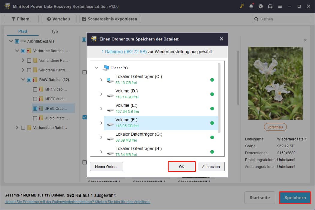 Die gewünschten Dateien in MiniTool Power Data Recovery auswählen und auf die Schaltfläche Speichern klicken.