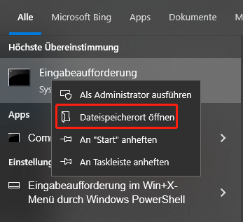 Wählen Sie dann Dateispeicherort öffnen aus der Liste.