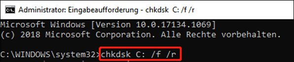 chkdsk c: /f /r eingeben