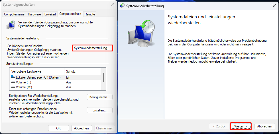 Die Benutzeroberfläche der Systemeigenschaften und der Systemwiederherstellung mit den ausgewählten Optionen Systemwiederherstellung und Weiter.