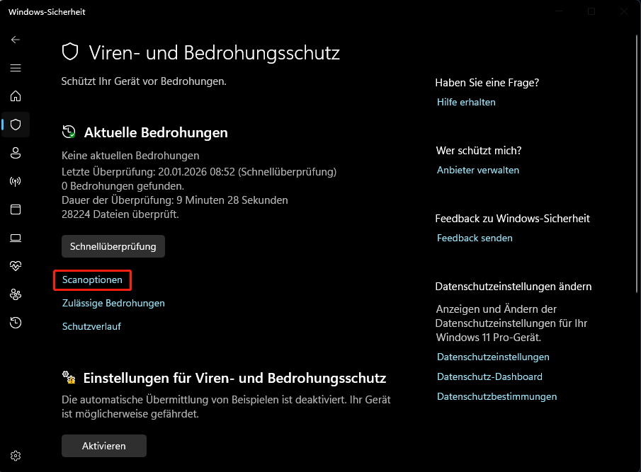 Die Seite Viren- & Bedrohungsschutz von Windows-Sicherheit mit der ausgewählten Option Scanoptionen.