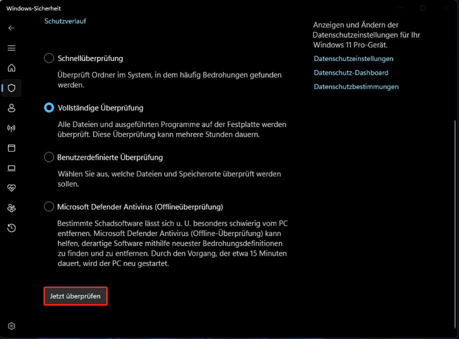Die Seite Scanoptionen von Windows-Sicherheit mit der ausgewählten Schaltfläche Jetzt scannen.
