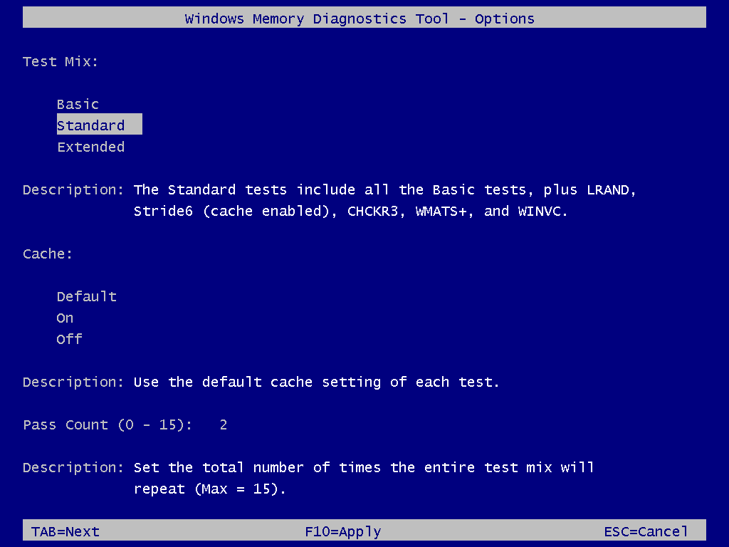 Die Seite Optionen der Windows-Speicherdiagnose.