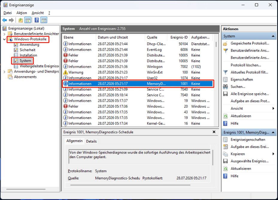 Die Benutzeroberfläche der Ereignisanzeige mit den ausgewählten Einträgen Windows-Protokolle, System und MemoryDiagnostics-Results.
