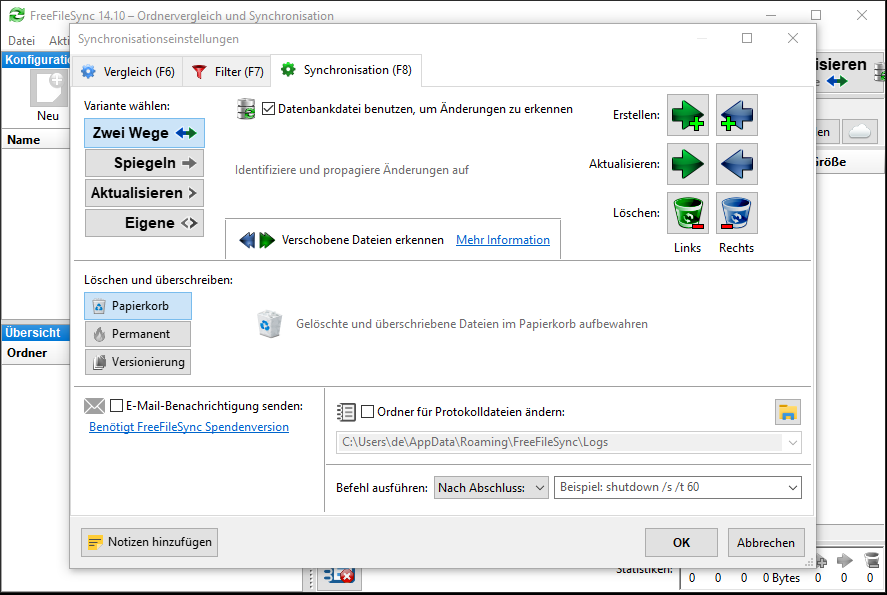 Die Benutzeroberfläche von FreeFileSync mit vier Synchronisierungsoptionen.