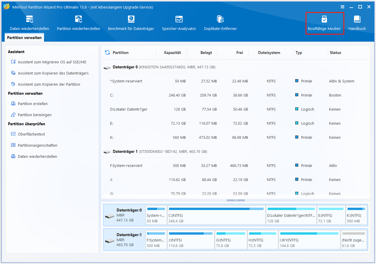 Die Bootfähige Medien in MiniTool Partition Wizard.