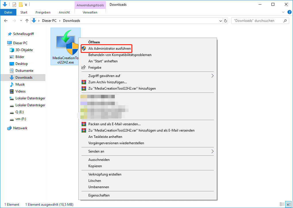 Führen Sie Windows Media Creation Tool als Administrator aus