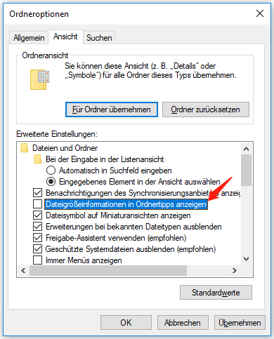 Dateigrößeinformationen in Ordnertipps anzeigen ankreuzen