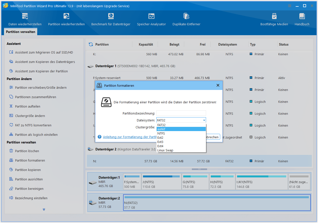 Die Schnittstelle von der Konvertierung des Sticks von FAT32 zu exFAT mit MiniTool Partition Wizard.