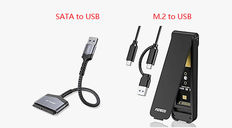 Ein SATA-zu-USB- und ein NVMe-zu-USB-Adapter.