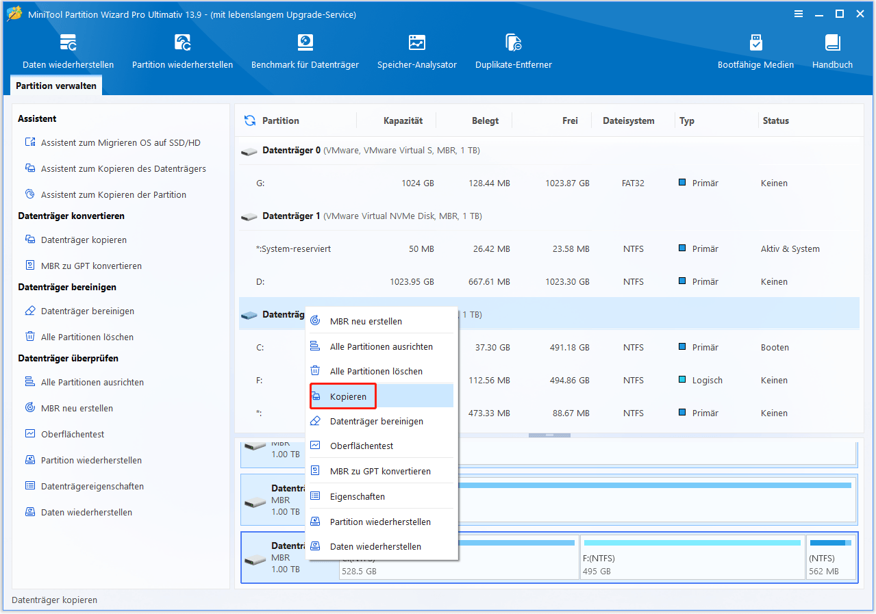 Benutzeroberfläche von MiniTool Partition Wizard mit der ausgewählten Funktion zum Kopieren der Festplatte.