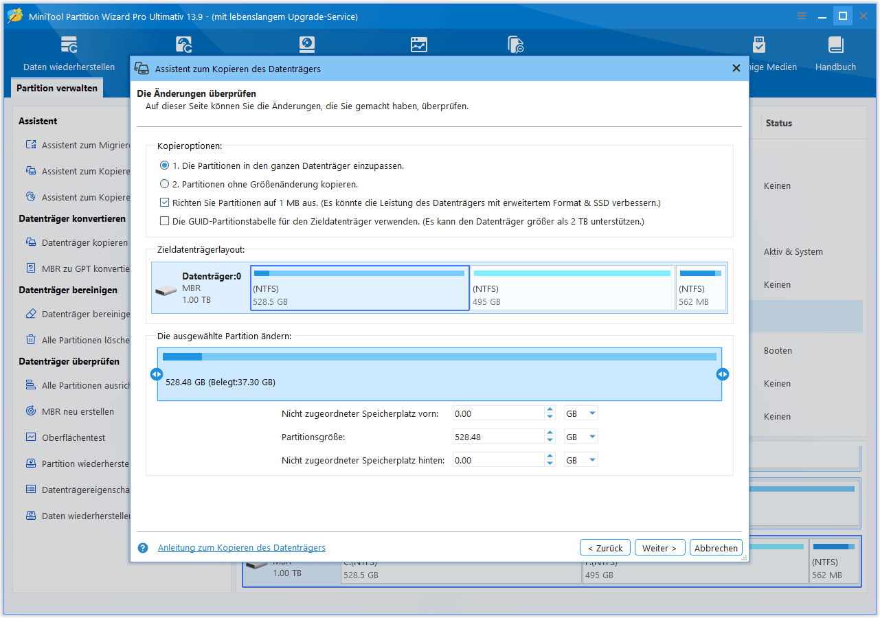 Benutzeroberfläche von MiniTool Partition Wizard mit dem Fenster „Festplattenkopier-Assistent“, in dem Sie aufgefordert werden, die Änderungen zu überprüfen.