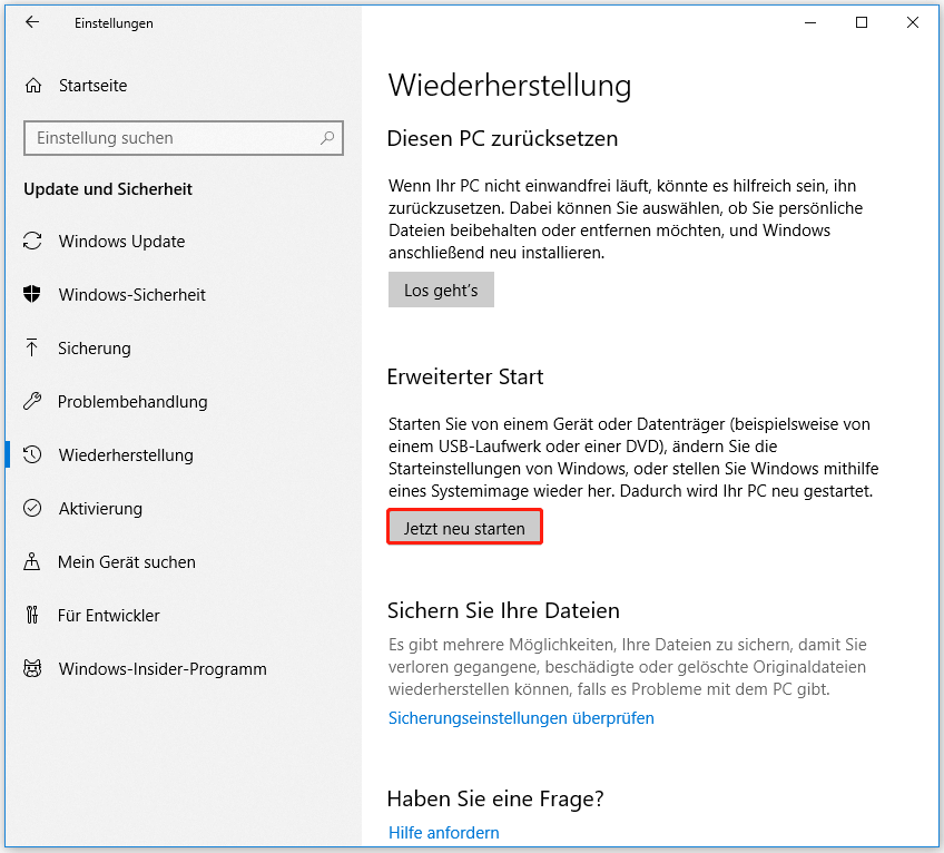 Windows-Einstellungen mit der Option Jetzt neu starten unter Erweiterter Start, um das HP BIOS oder Boot-Menü zu öffnen.