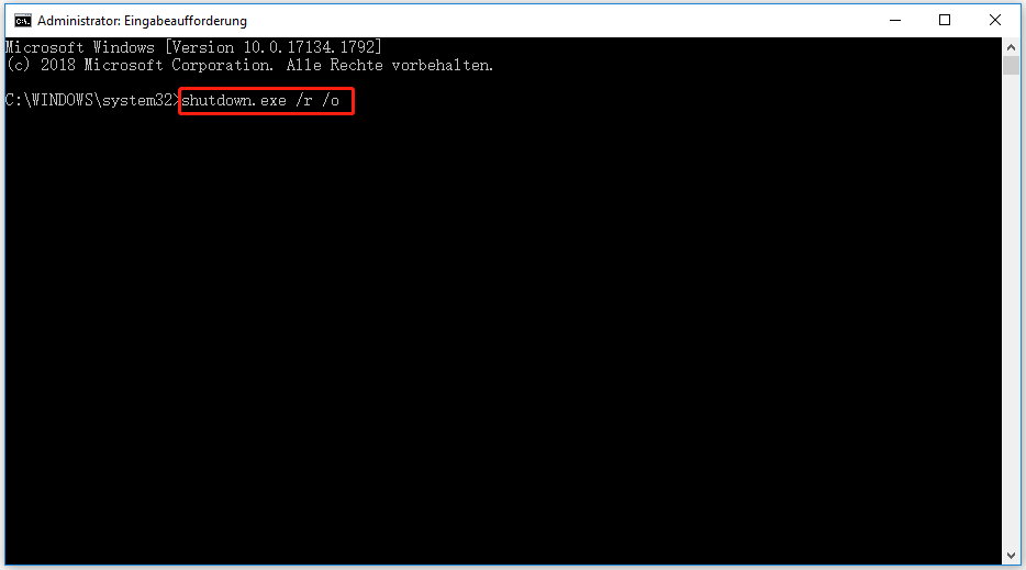 Eingabeaufforderung mit dem Befehl shutdown.exe /r /o, um die erweiterten Startoptionen und das HP BIOS zu öffnen.