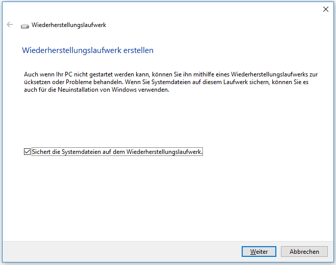 Wiederherstellungslaufwerk erstellen.
