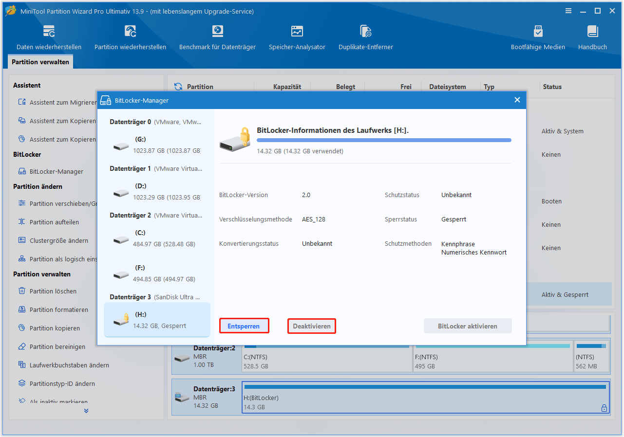Benutzeroberfläche von MiniTool Partition Wizard mit dem BitLocker-Manager-Fenster und den ausgewählten Schaltflächen „Entsperren“ und „Deaktivieren“.