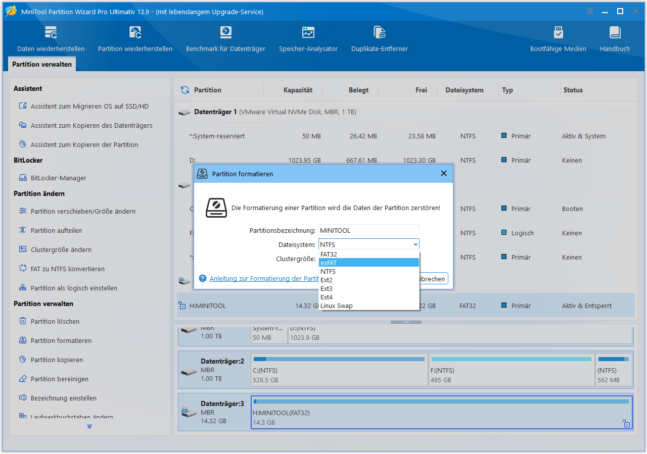 Benutzeroberfläche von MiniTool Partition Wizard mit dem Fenster „Partition formatieren“.