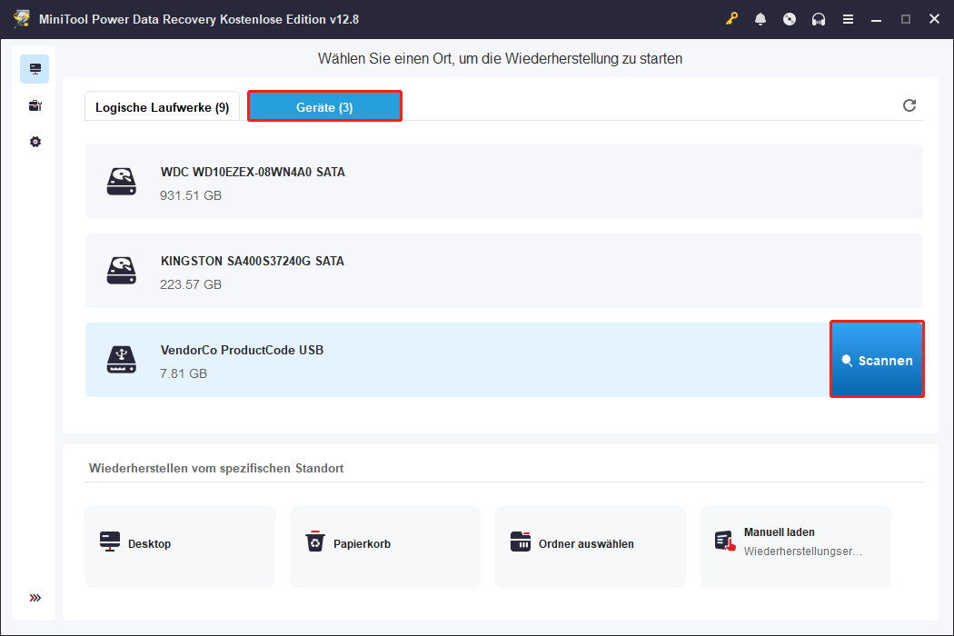 Auswahl des USB-Laufwerks zum Scannen in MiniTool Power Data Recovery.