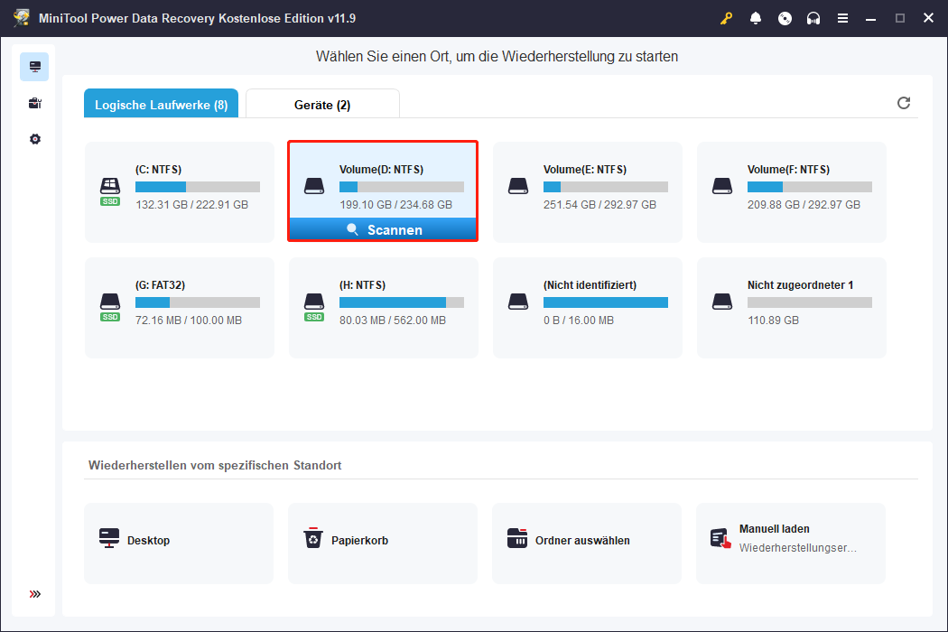 Schaltfläche ‚Scannen‘ in der Hauptoberfläche von MiniTool Power Data Recovery zum Starten der Datenträgersuche.“