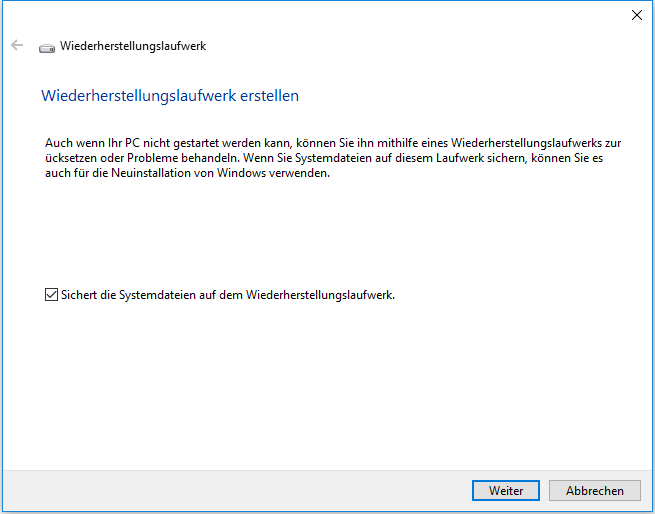 Wiederherstellungslaufwerk erstellen