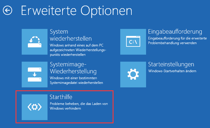 Die Funktion Starthilfe in der Erweiterte Optionen auswählen.
