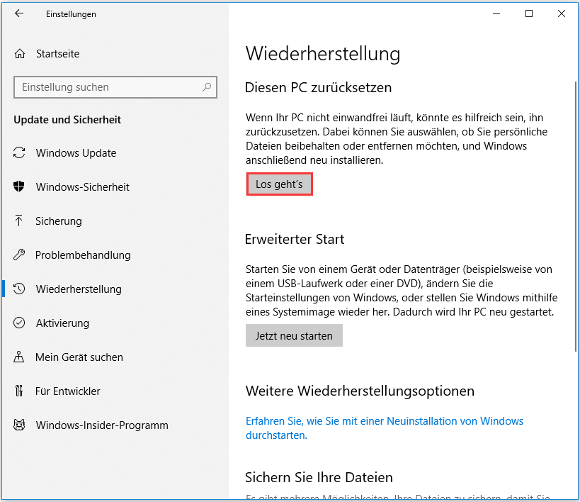 Klicken Sie auf Los geht’s unter Diesen PC zurücksetzen